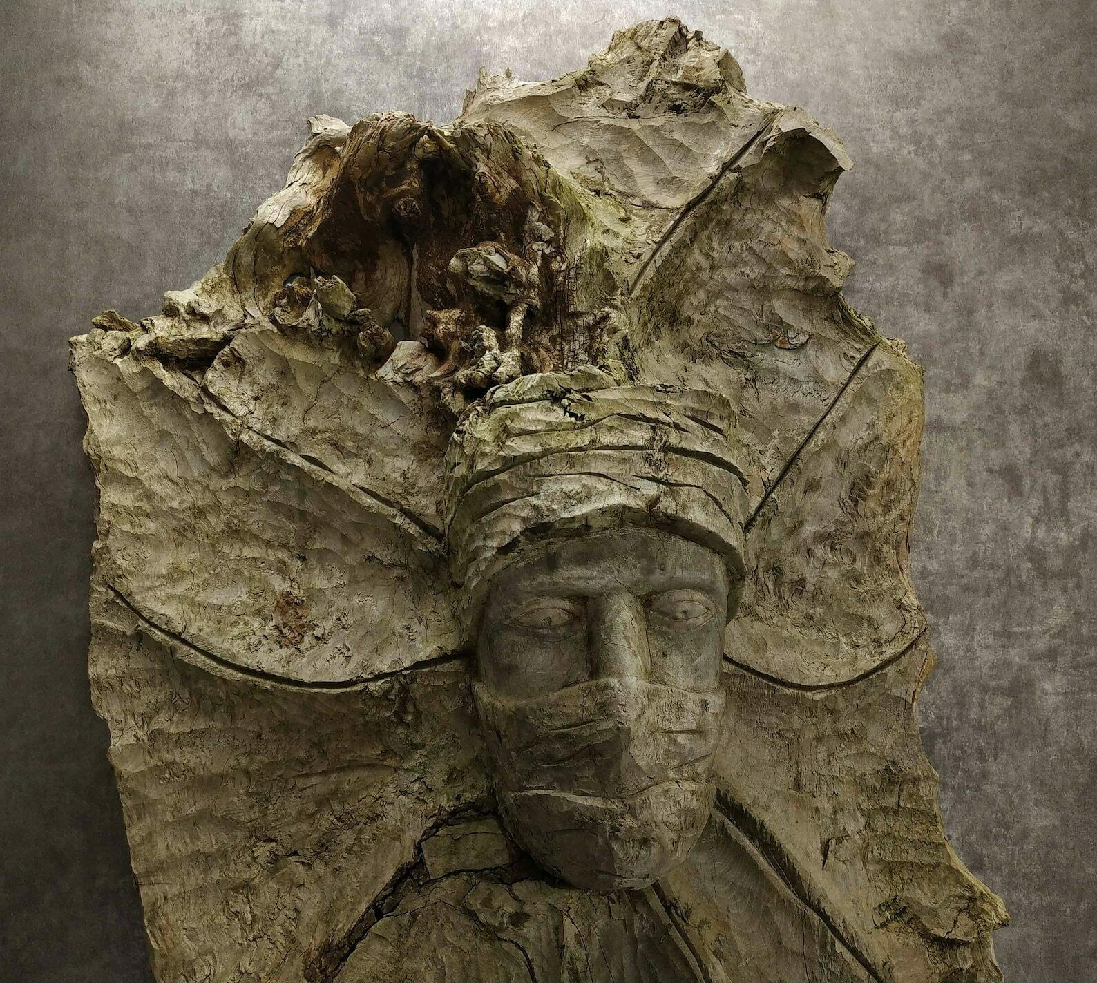 Rustic French Tree Root Carving, Large Primitive Wall Hanging Wooden Carving With Persons Head,Folk Art Accent Wall Decoration,Root Wood Art photo 222.0