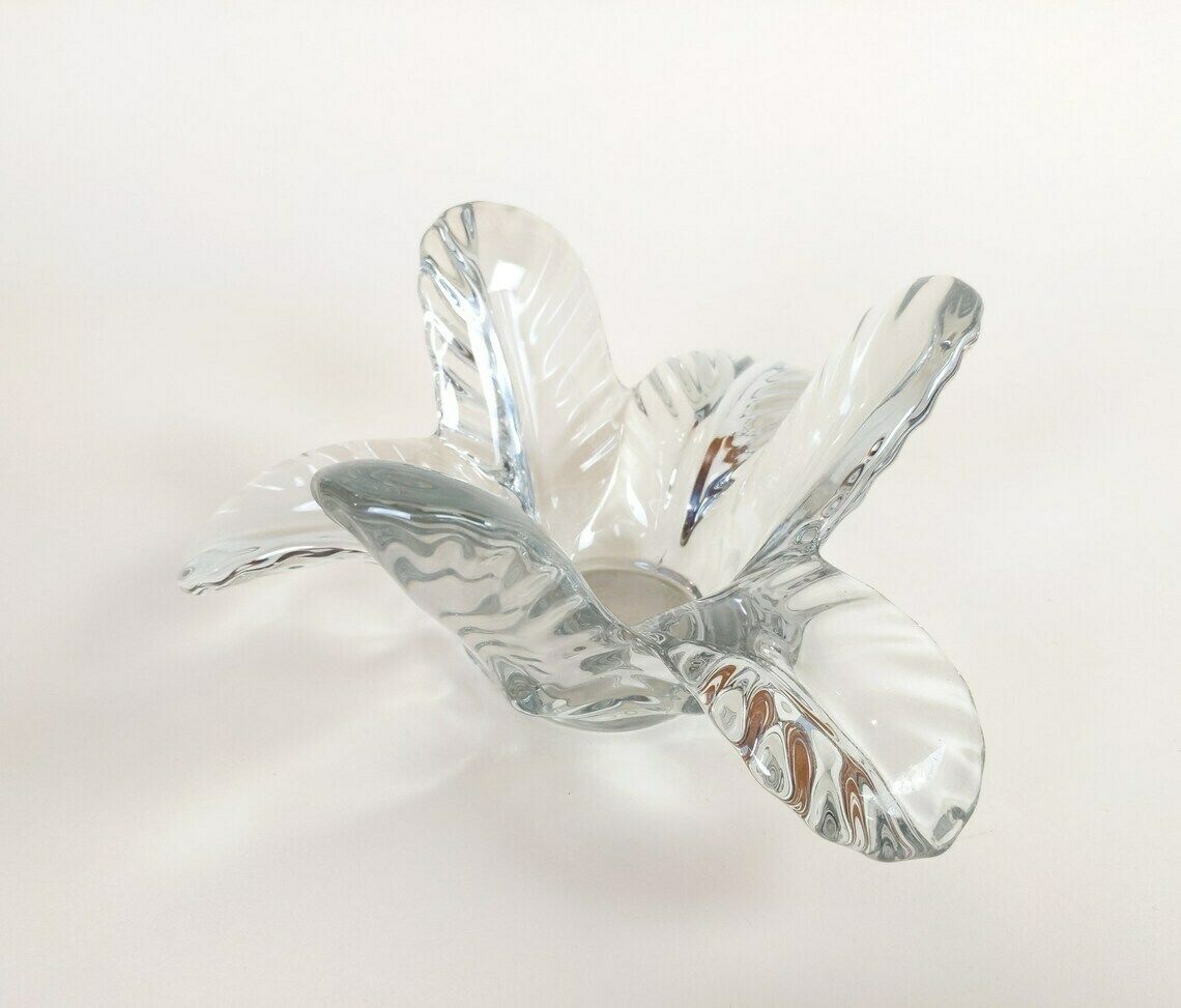 Vintage French Mid Century 1950s Wavy Stylized Flower Crystal Glass Catch All Bowl photo for sale
