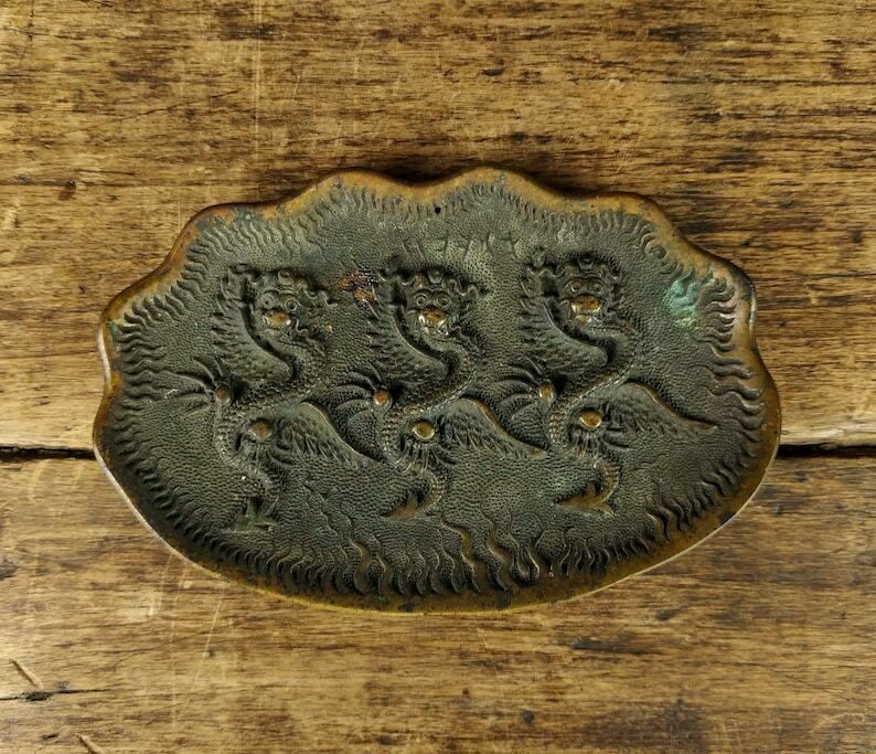Antique Chinese Bronze 3 Yinglong Scholars Dragons Plaque, Bronze Chinese Mirror With Dragons, Chinese Relief Decorated Bronze Brush Rest photo vinterior