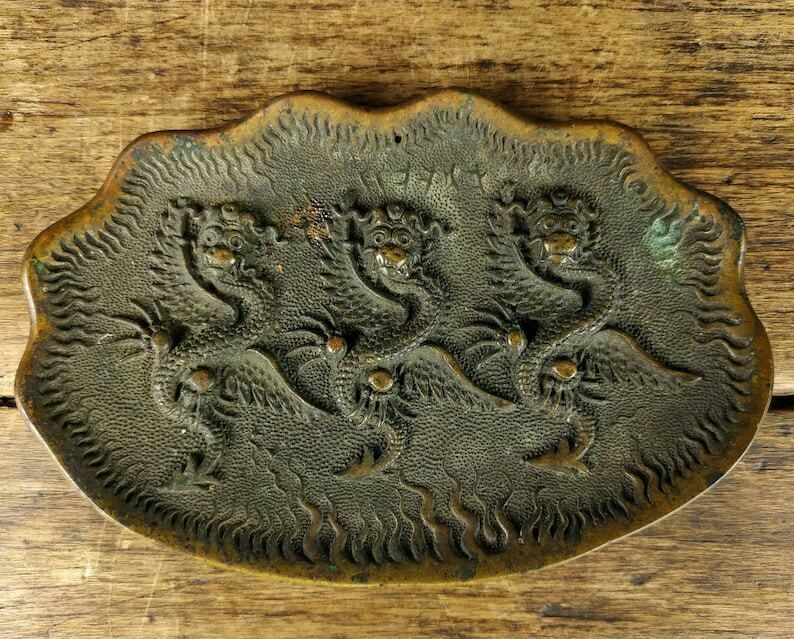 Antique Chinese Bronze 3 Yinglong Scholars Dragons Plaque, Bronze Chinese Mirror With Dragons, Chinese Relief Decorated Bronze Brush Rest photo buy