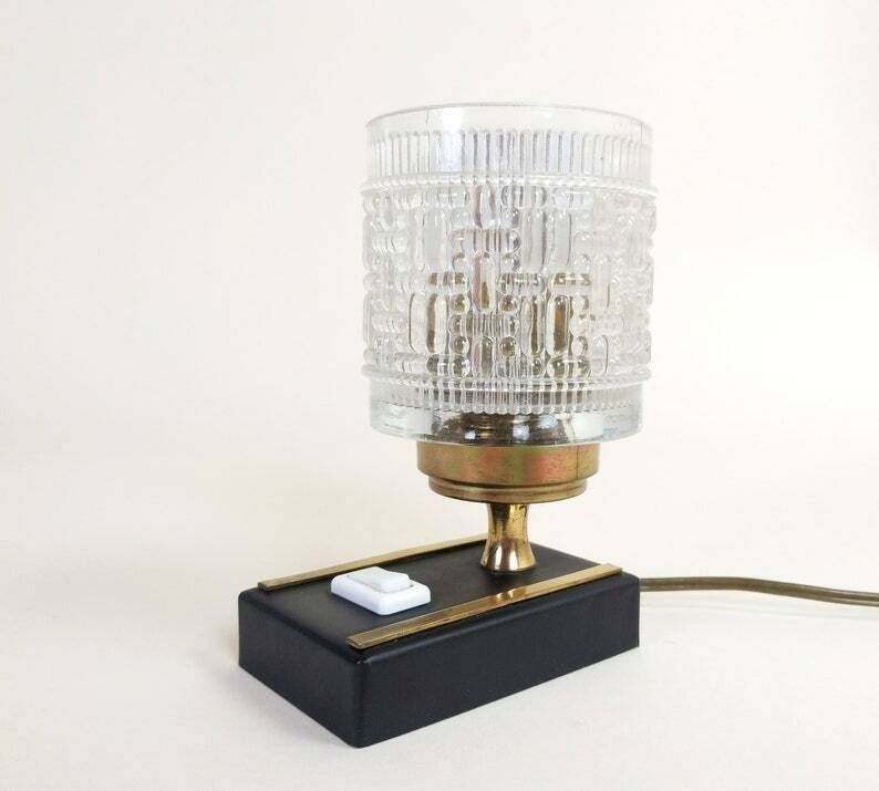 French Vintage Clear Glass Black And Gold Art Deco Style Table Lamp Or Bedside Light, Home Office And Bedroom Decor