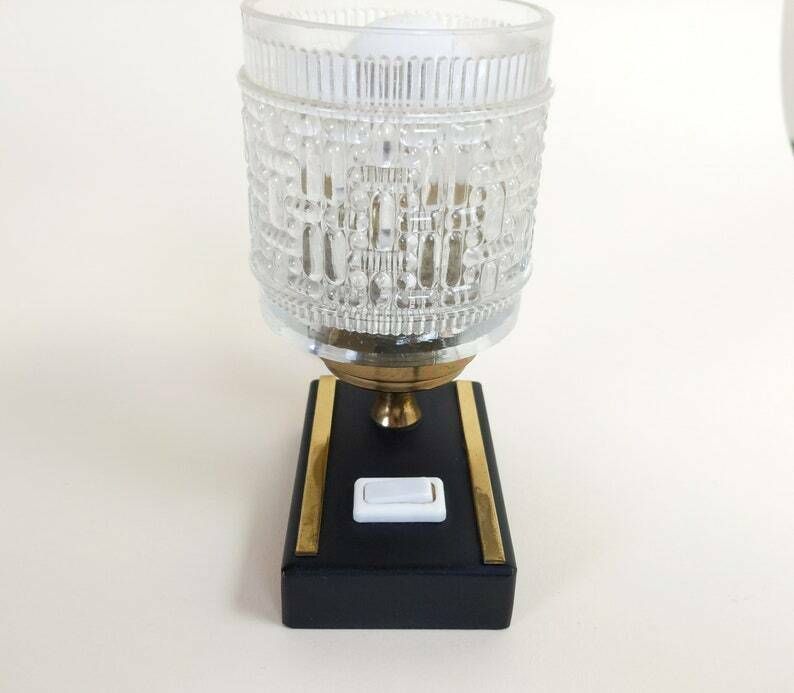 French Vintage Clear Glass Black And Gold Art Deco Style Table Lamp Or Bedside Light, Home Office And Bedroom Decor photo for sale