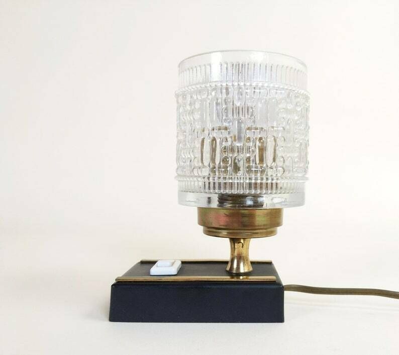 French Vintage Clear Glass Black And Gold Art Deco Style Table Lamp Or Bedside Light, Home Office And Bedroom Decor photo vintage