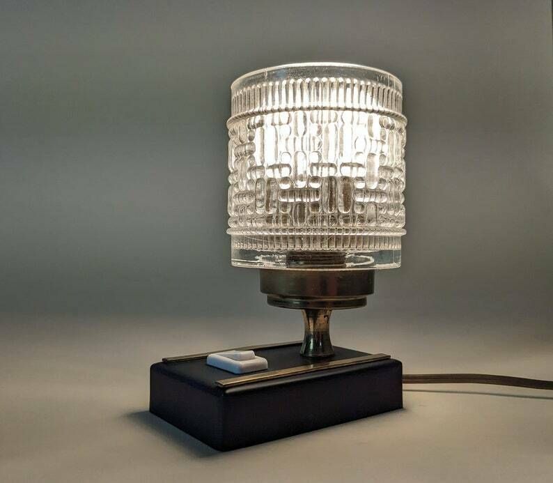 photo furniture French Vintage Clear Glass Black And Gold Art Deco Style Table Lamp Or Bedside Light, Home Office And Bedroom Decor