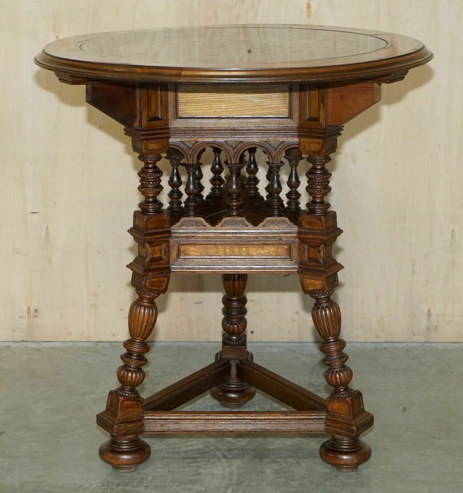 Antique Victorian Aesthetic Movement Carved Oak Elm And Marble Occasional Table photo for sale