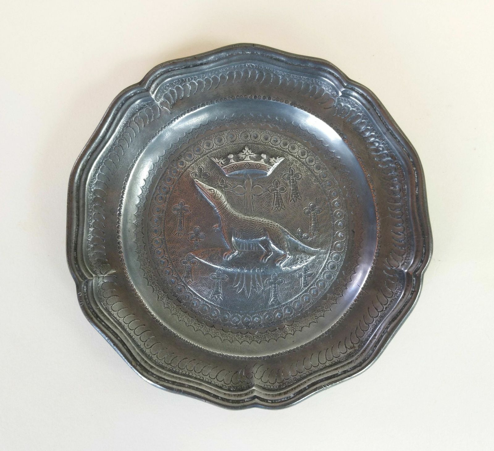 Two Old French Pewter Metal Decorative Dishes With Exotic Animals And Fleur De Lys And Crown Decorations With Makers Mark photo furniture