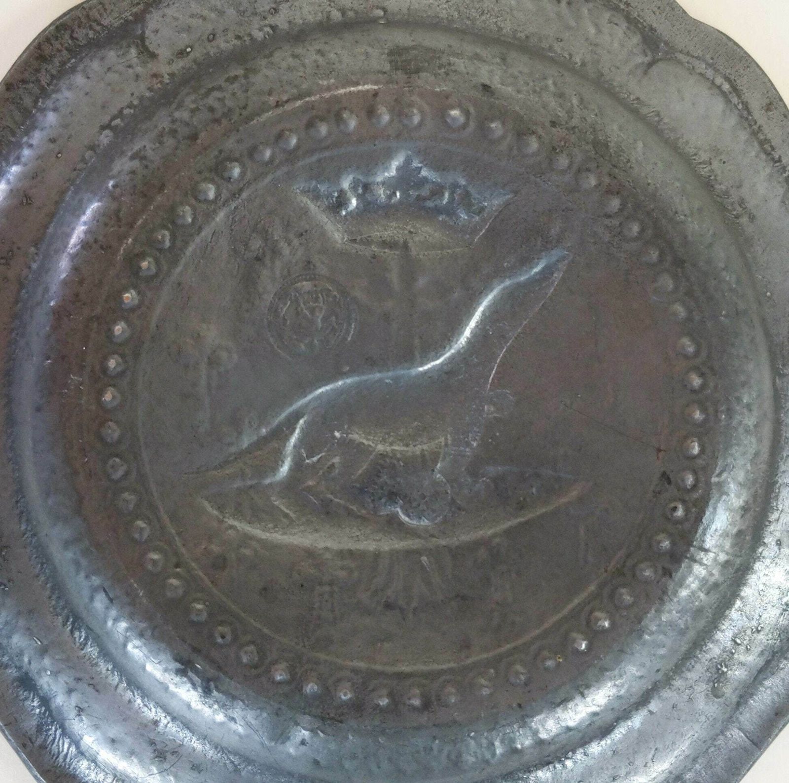 Two Old French Pewter Metal Decorative Dishes With Exotic Animals And Fleur De Lys And Crown Decorations With Makers Mark photo vintage