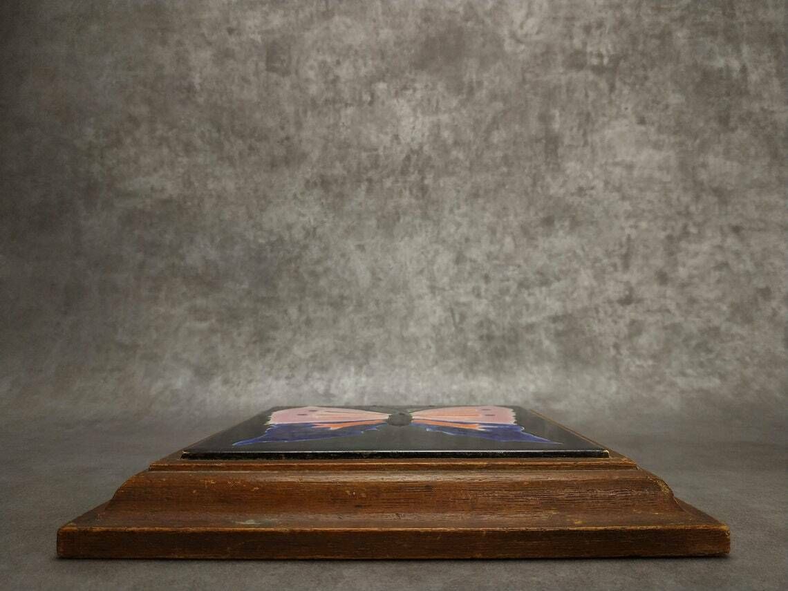 Vintage French Trivet, Mid Century Modern Ceramic Tile Butterfly Pot Rest, Mcm Wooden And Pottery Insect Trivet, La Ferte Gaucher, Tableware photo furniture