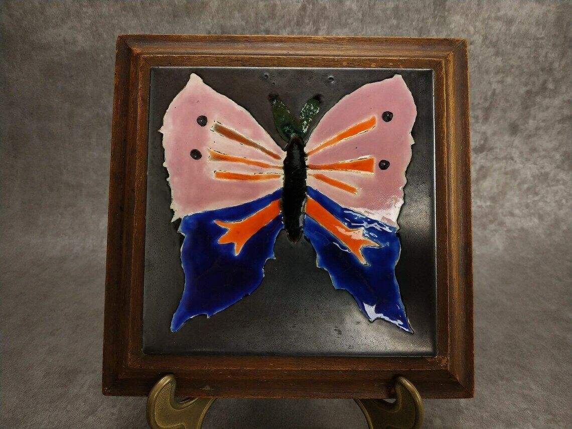 photo for sale Vintage French Trivet, Mid Century Modern Ceramic Tile Butterfly Pot Rest, Mcm Wooden And Pottery Insect Trivet, La Ferte Gaucher, Tableware