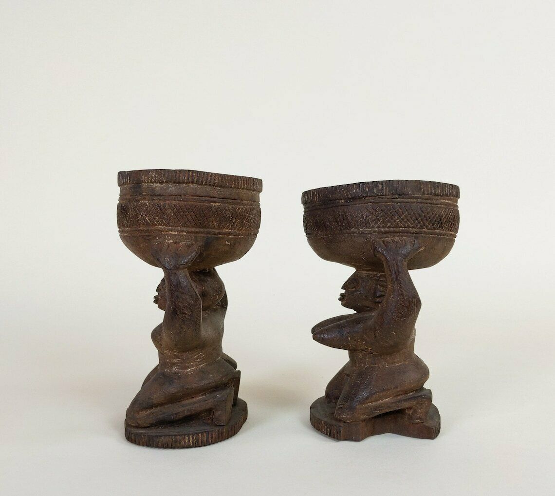 Old Primitive African Hand Carved Wood Female And Male Tribal Divination Cups Or Pigment Containers, Wooden Statues From Africa photo 335.0