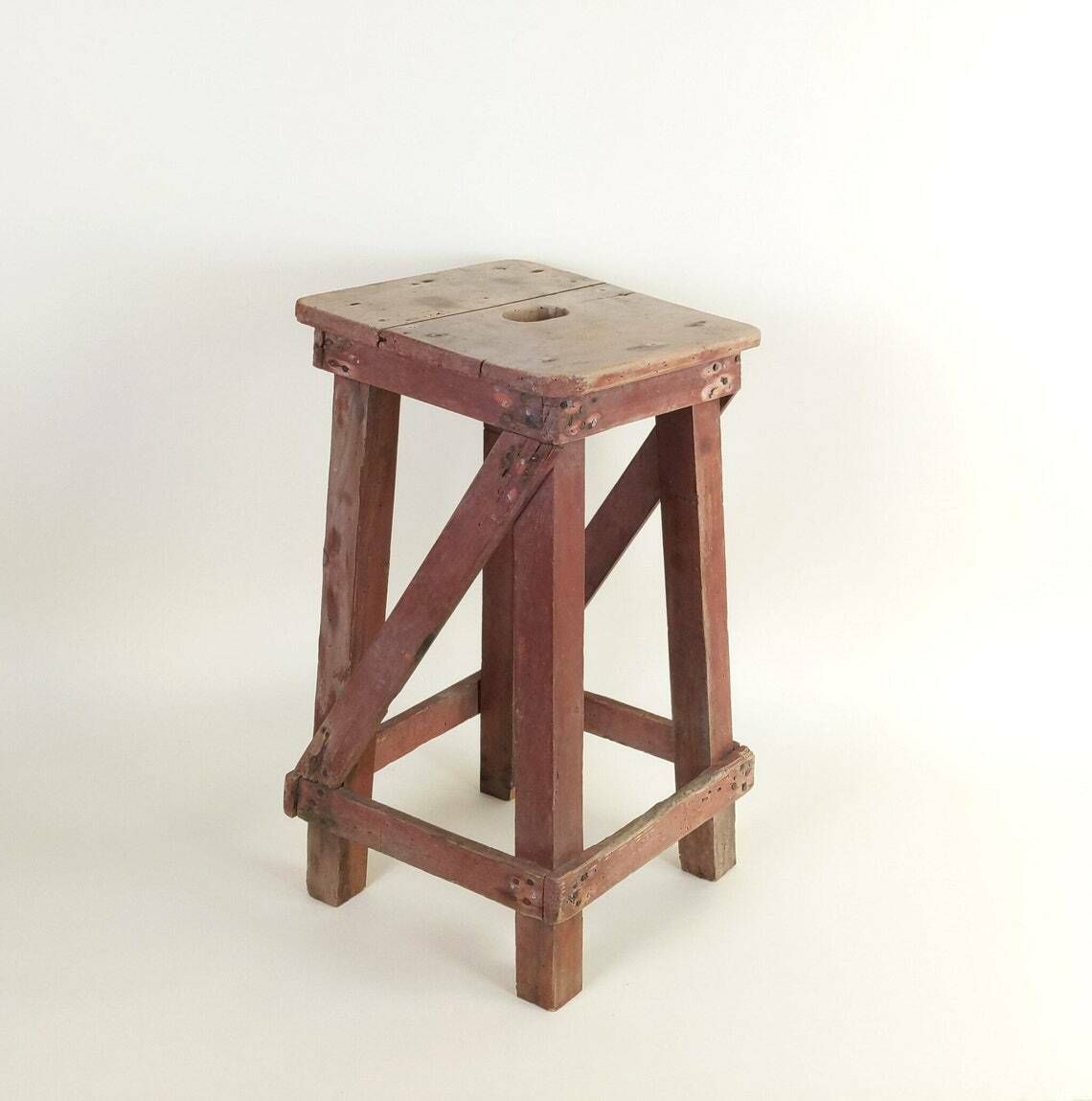Primitive Antique 1920s Rustic French Four Leg Wood Stool For A Machinists Atelier In Wabi Sabi Style