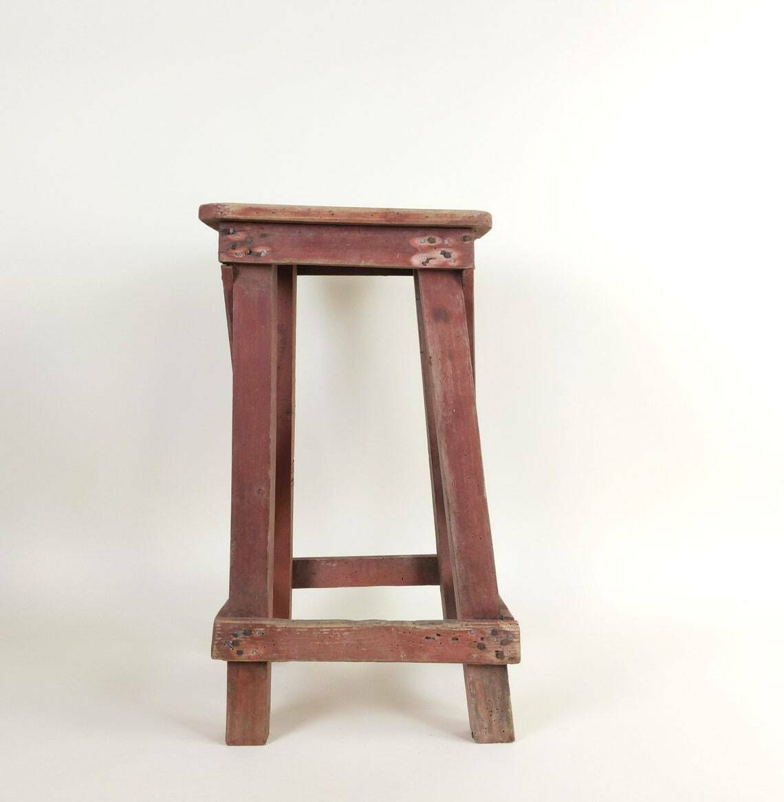 Primitive Antique 1920s Rustic French Four Leg Wood Stool For A Machinists Atelier In Wabi Sabi Style photo for sale