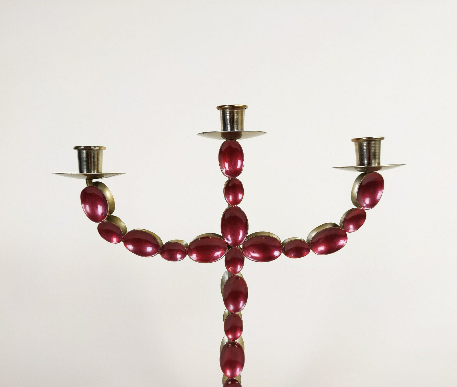 Vintage 3 Arm Swedish Brass And Pink Enamel Candelabra Candle Holder photo buy
