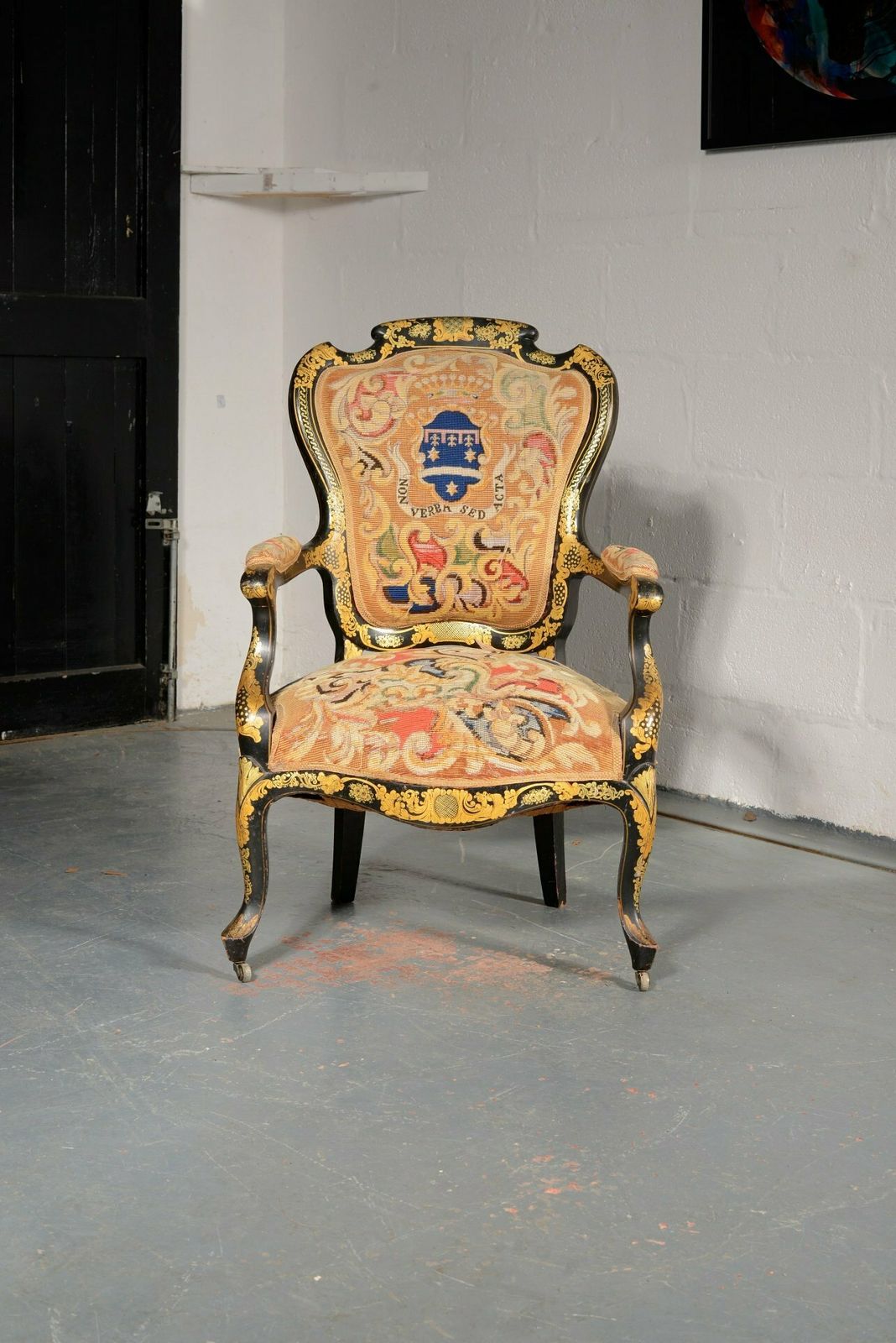 A French Louis Philippe Tapestry Armchair 'Non Verba Sed Acta'   C.1890