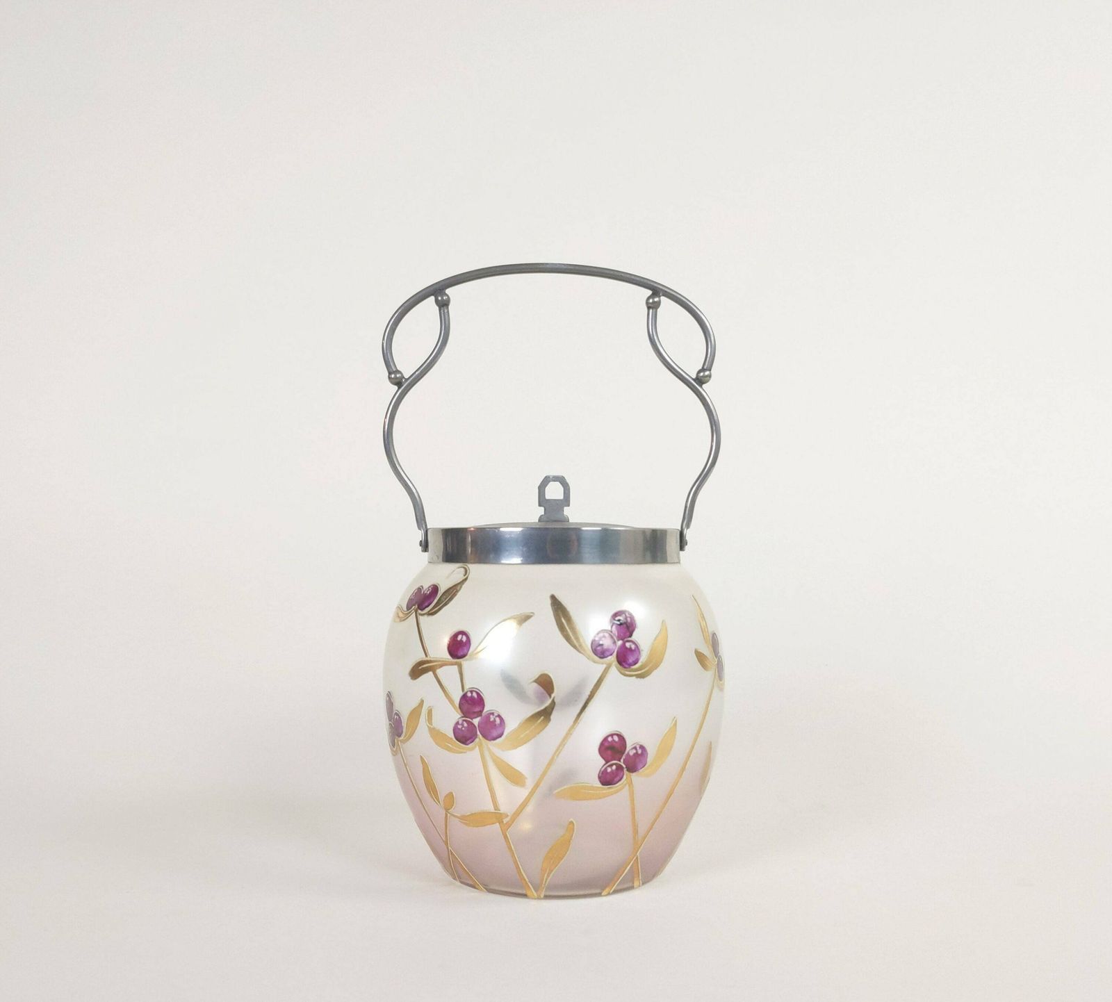 French Glass Candy Jar Cookie Barrel With Hand Decorated Gold Flower Leaf And Purple Berry Design, Retro Biscuit Container, Old Bonbon Pot