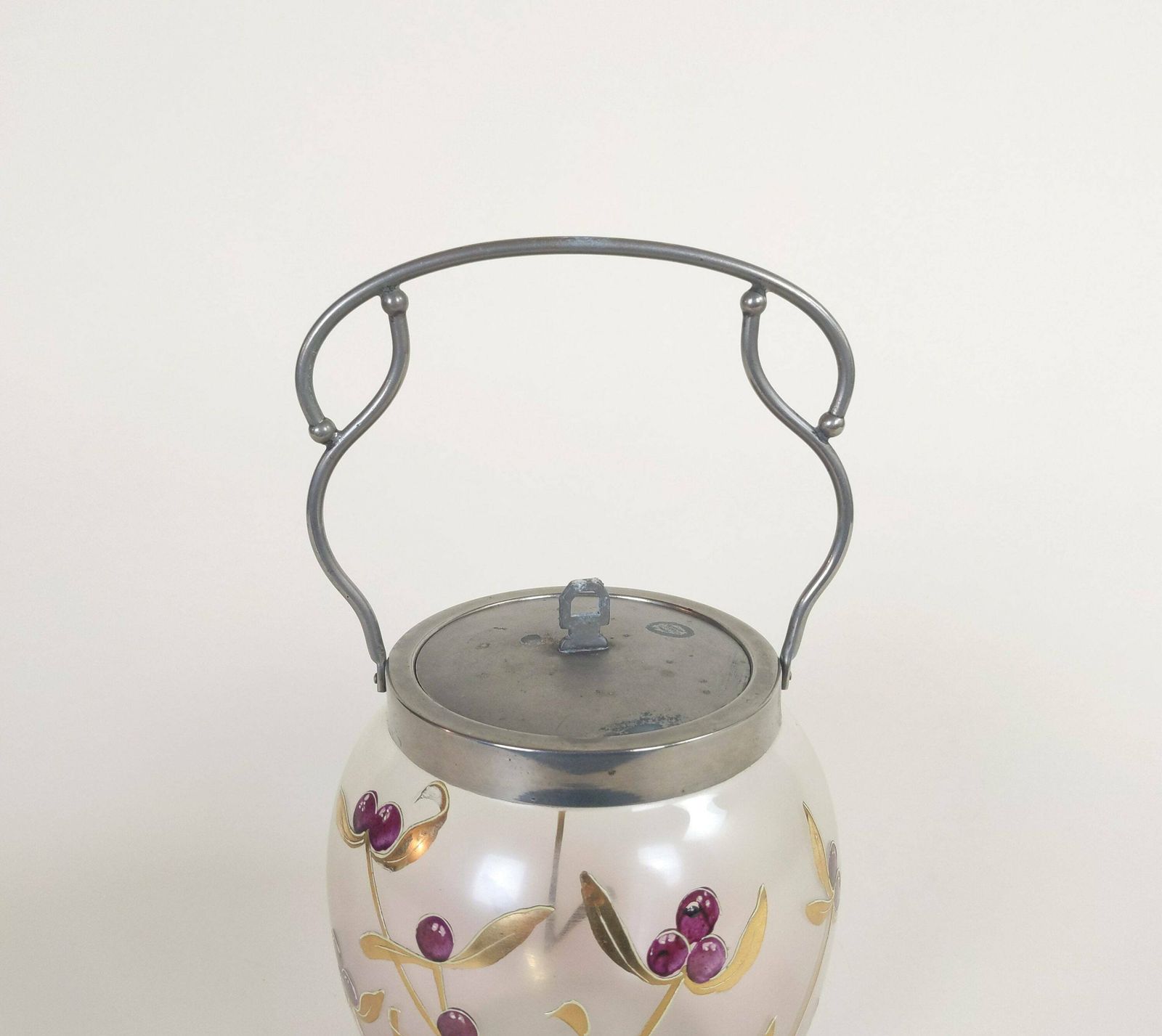 French Glass Candy Jar Cookie Barrel With Hand Decorated Gold Flower Leaf And Purple Berry Design, Retro Biscuit Container, Old Bonbon Pot photo furniture