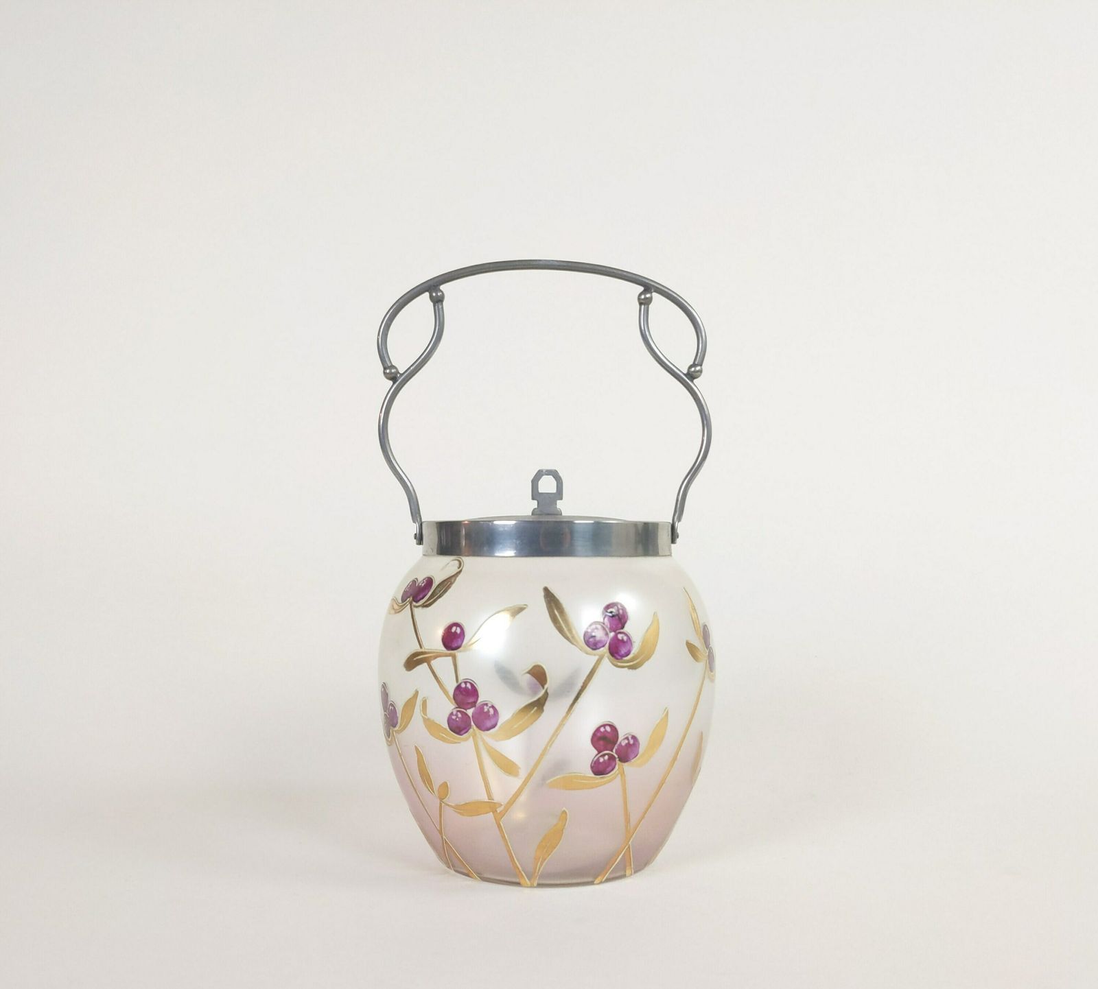 French Glass Candy Jar Cookie Barrel With Hand Decorated Gold Flower Leaf And Purple Berry Design, Retro Biscuit Container, Old Bonbon Pot photo 100.0