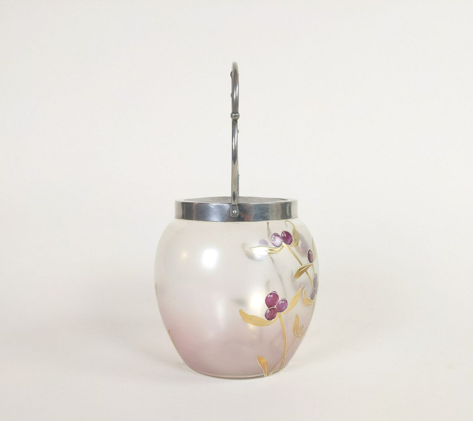 French Glass Candy Jar Cookie Barrel With Hand Decorated Gold Flower Leaf And Purple Berry Design, Retro Biscuit Container, Old Bonbon Pot photo buy