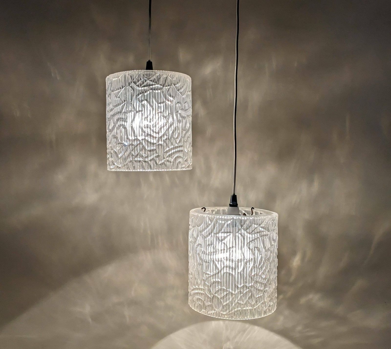 Pair Of Vintage French Clear Acrylic Hanging Swag Pendant Ceiling Lights, Mid Century Lighting, 1960s Plastic Lights