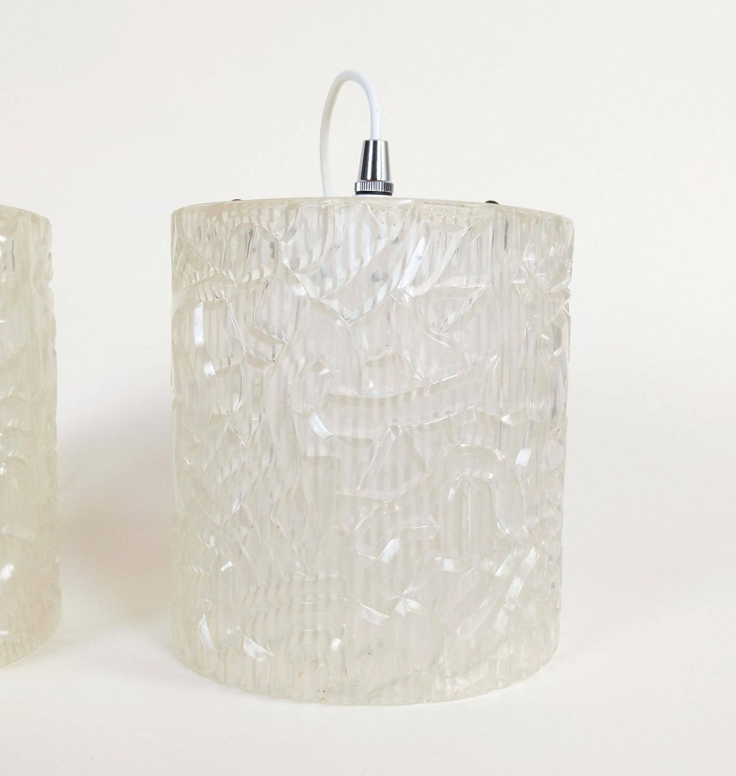 Pair Of Vintage French Clear Acrylic Hanging Swag Pendant Ceiling Lights, Mid Century Lighting, 1960s Plastic Lights photo vinterior