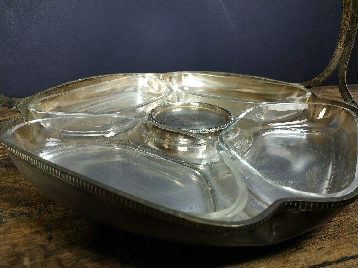 Vintage Tray, Large French Art Deco Silver Plated Metal Tray, Four Glass Dishes, Serving Tray With Handle, Appetizer Tray, Party Tray photo buy