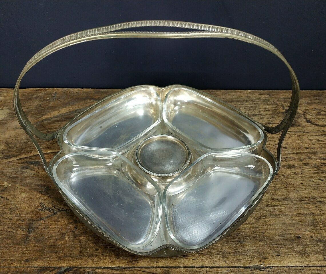 Vintage Tray, Large French Art Deco Silver Plated Metal Tray, Four Glass Dishes, Serving Tray With Handle, Appetizer Tray, Party Tray photo vintage