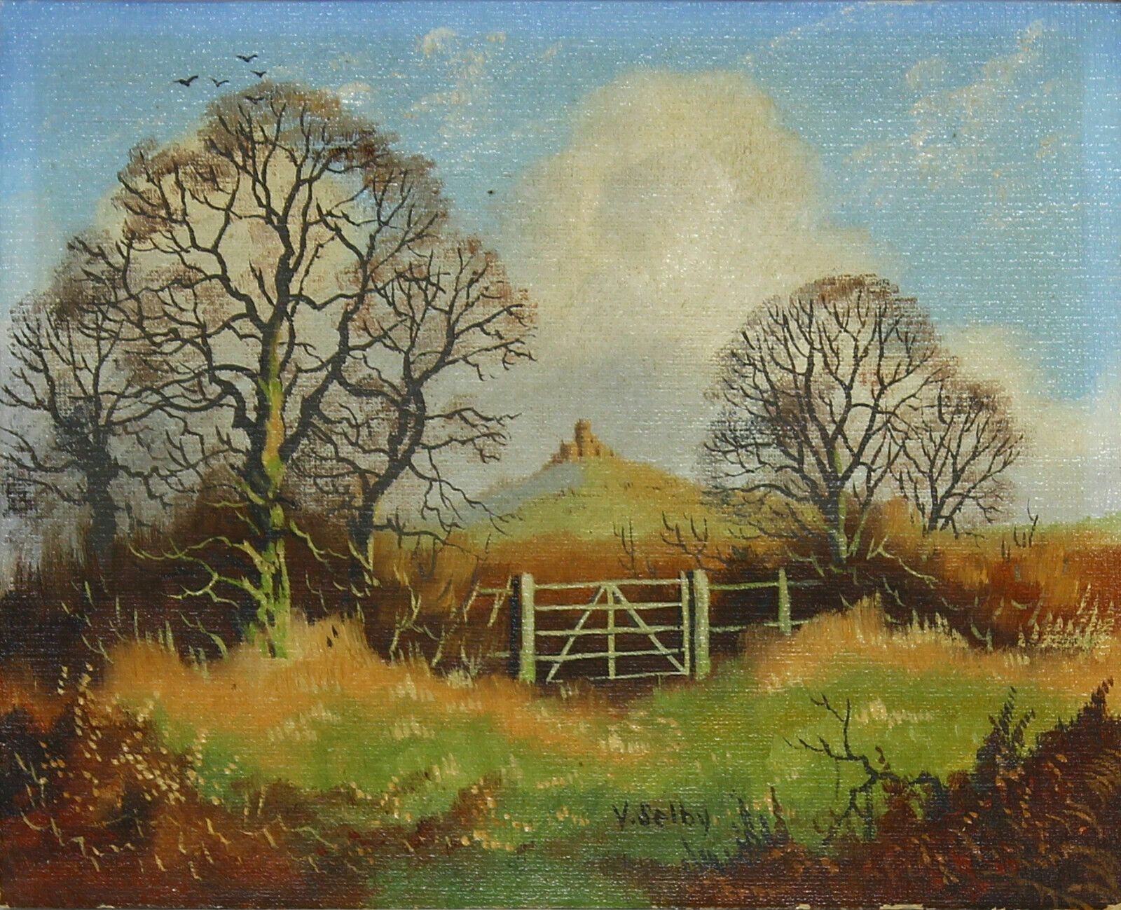 Oil On Card By Vincent Selby. Countryside Scene With Castle In The Distance