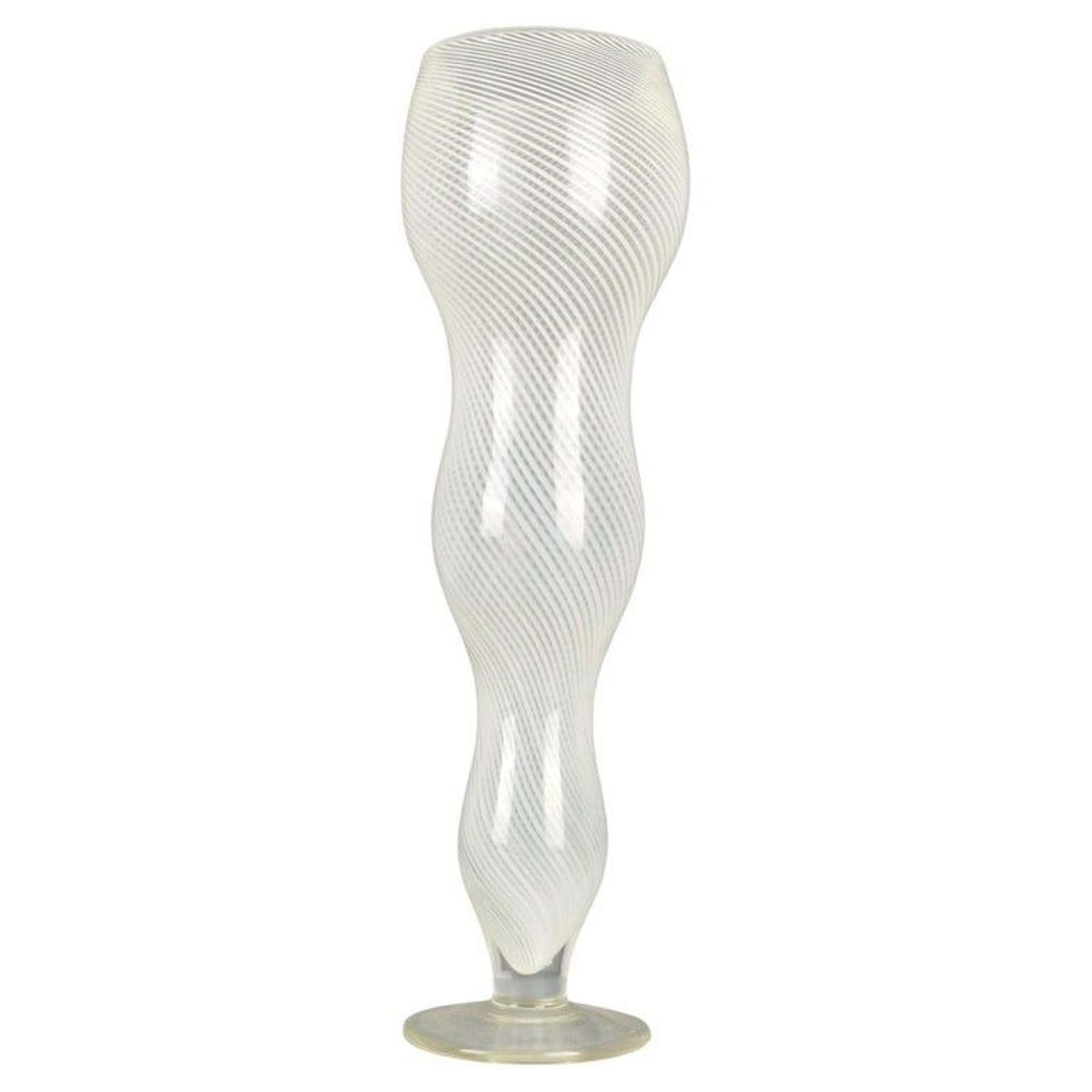 Tall Mezza Filigrana Footed White Murano Vase, Style Of Dino Martens