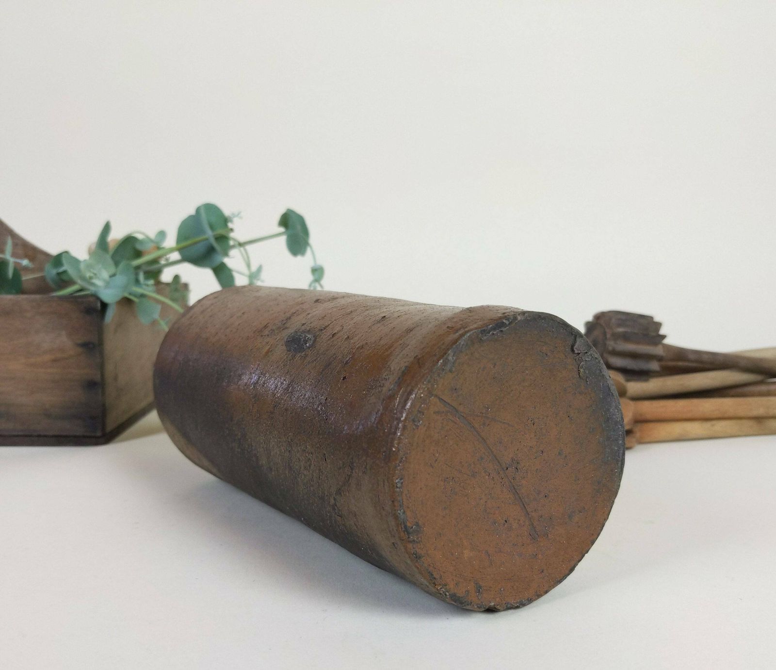 photo furniture Antique French Chocolate Brown Stoneware Pottery Bottle 1900s