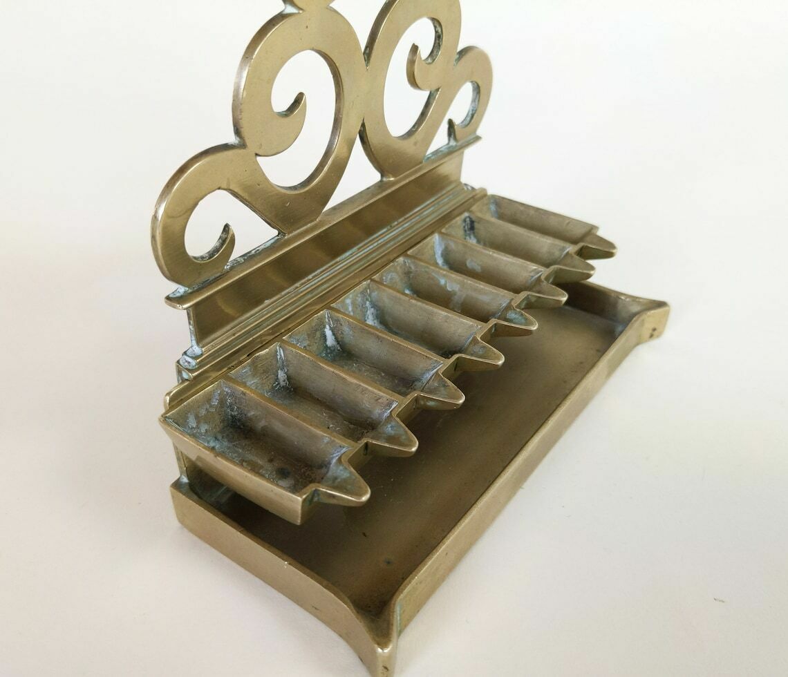 Antique 19th Century French Brass Jewish Hannukkah Lamp Menora With Makers Mark Cazenave & Moreau Bayonne France photo vinterior