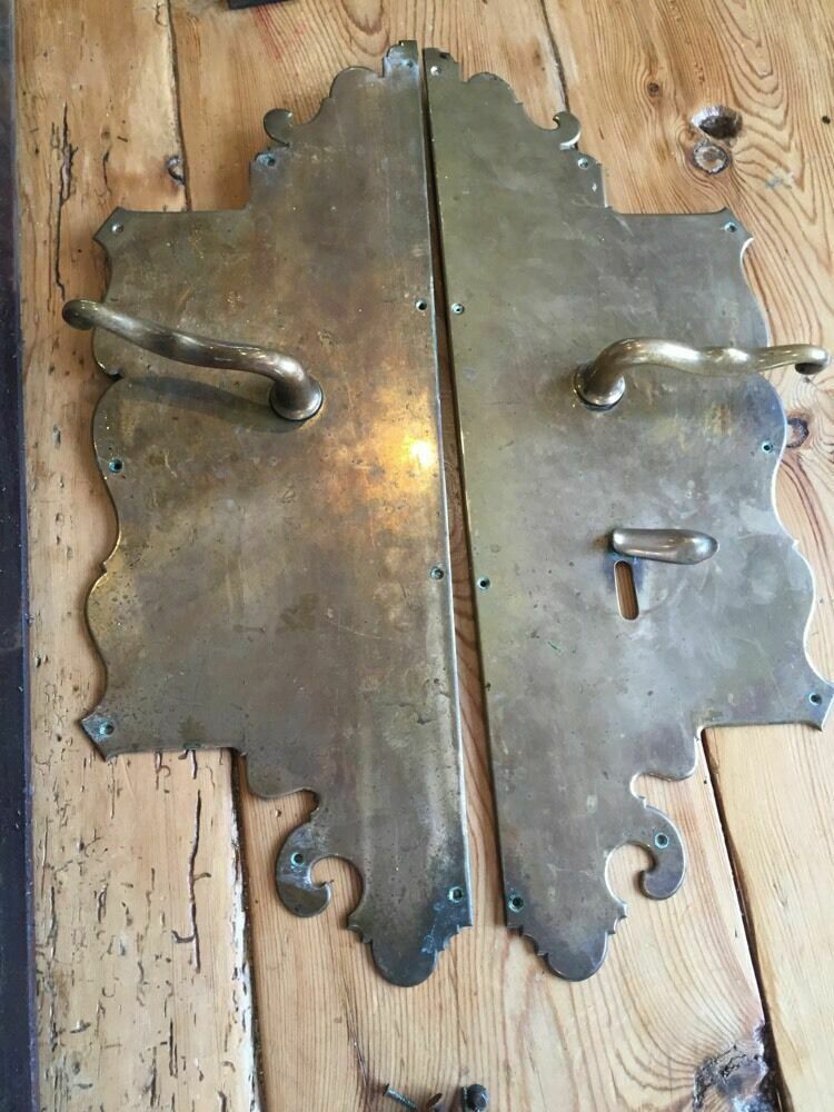 2 Pairs Art Nouveau Brass Large Door Handles Lock Plates Multi Locking Period