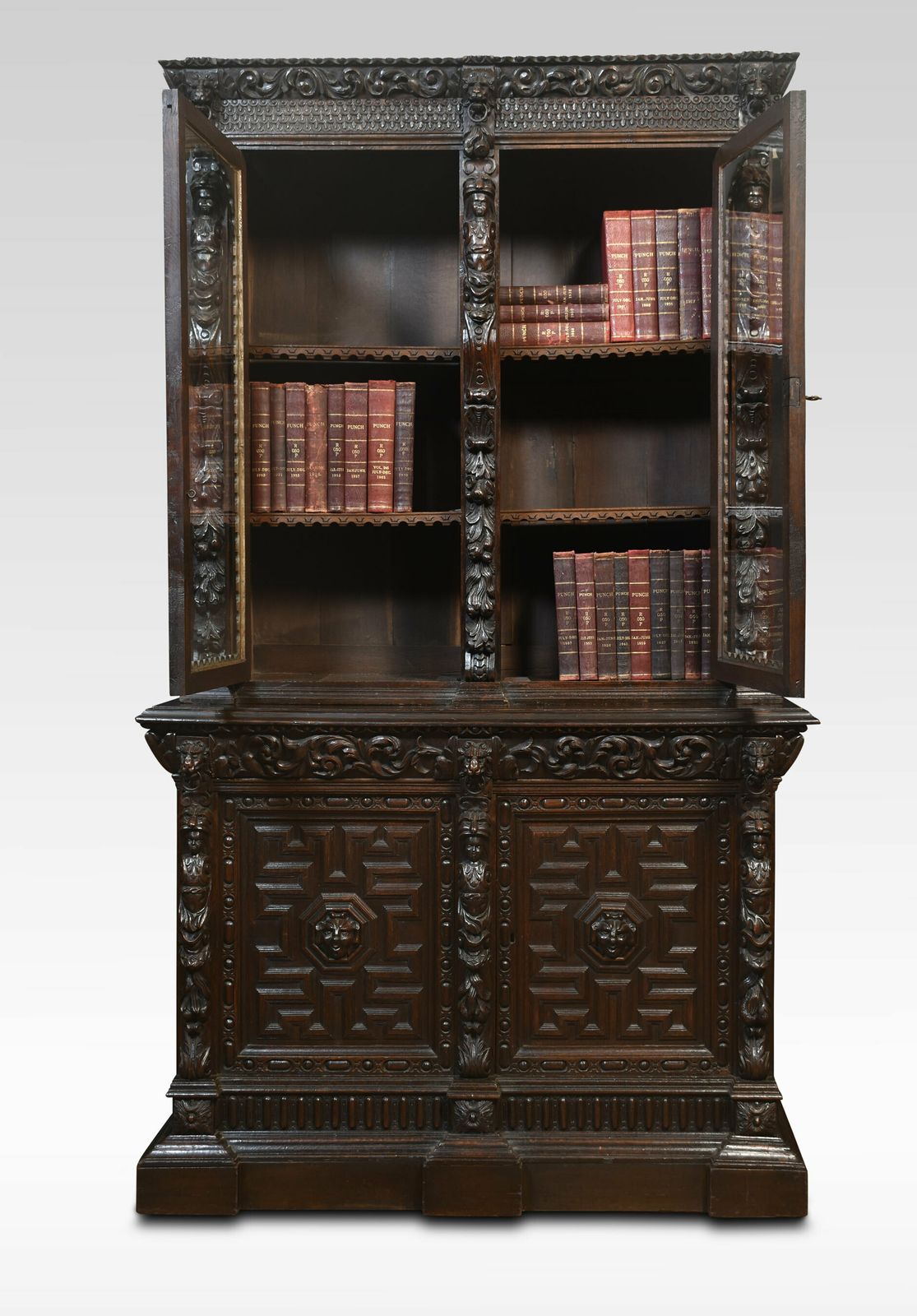 Furniture Renaissance Revival Carved Oak Two Door Bookcase photo
