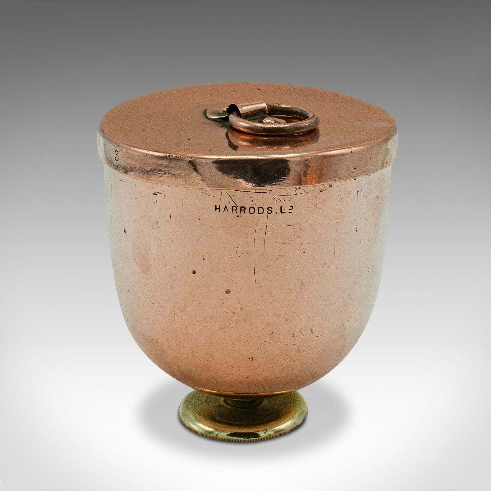Pair Of Antique Ice Cream Moulds, English Copper Lidded Pots, Harrods photo vintage