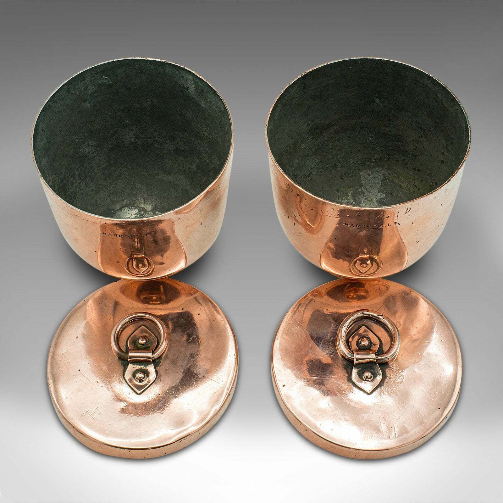 photo furniture Pair Of Antique Ice Cream Moulds, English Copper Lidded Pots, Harrods