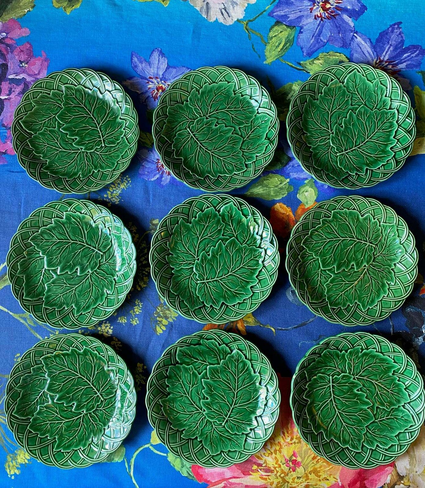 Antique Majolica Green Grape Leaf & Basket Salad Plate Set Of 10 photo Home Decor