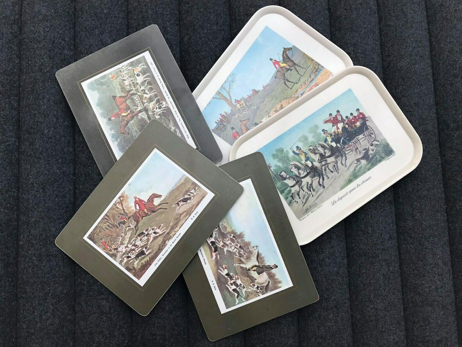photo furniture Fox Hunting Placemats Table Mats Set Of 3 And 2 Plastic Trays Hunting Decor Cork Placemat England 70s Gift Mom Hostess Serving Hunter Gift