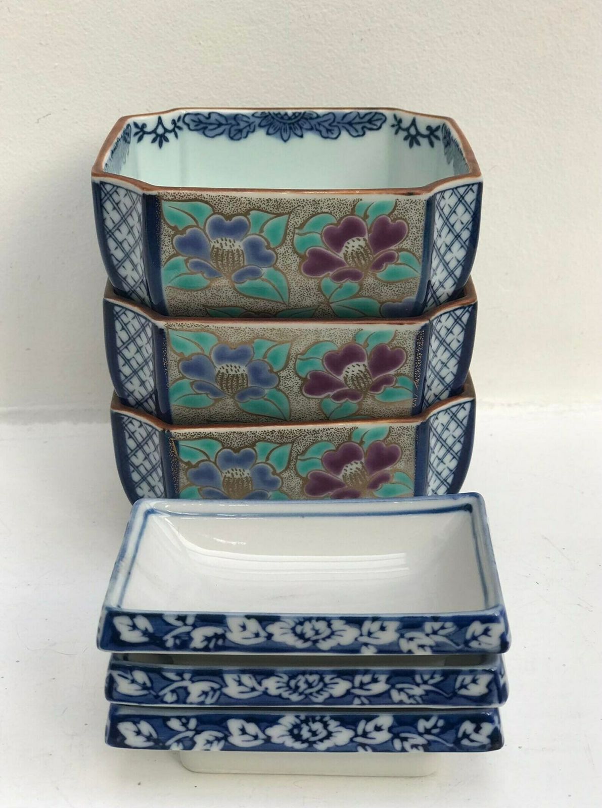 photo for sale Japanese Bowls Plates Set Serving Sauce Dish, Dinner Sashimi Plate Asian Food Dish Blue Ceramic Porcelain Fish Serving Tray