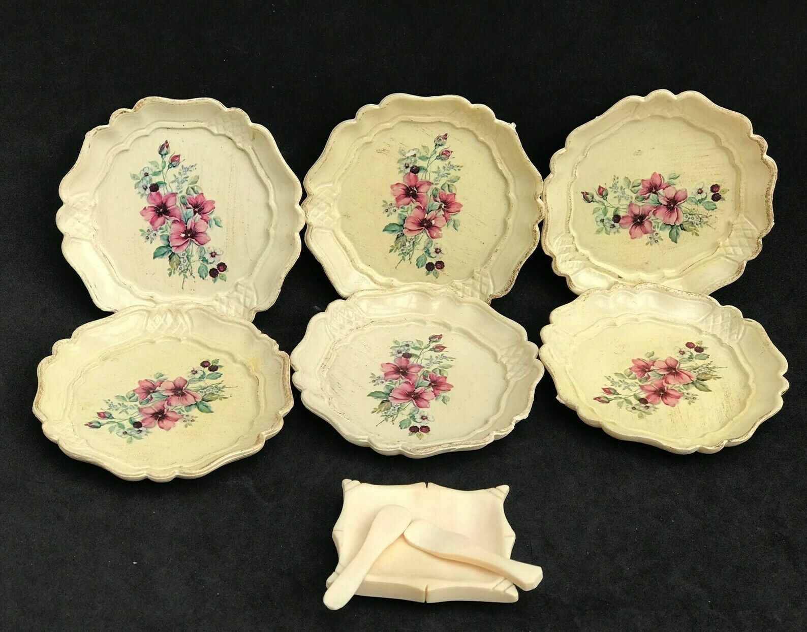 Set Of 6 Coasters Beige Cream With Flowers Resine With A Salt Cellar Made Of Bone With Spoons Bar Deco Table Decor Bar Accessories