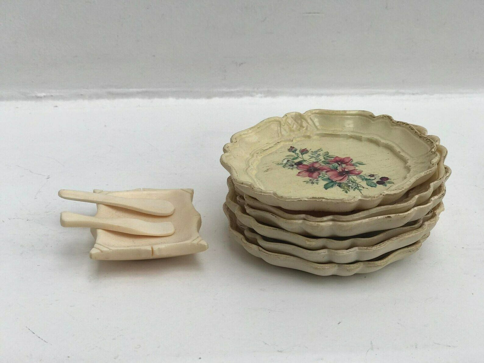 Set Of 6 Coasters Beige Cream With Flowers Resine With A Salt Cellar Made Of Bone With Spoons Bar Deco Table Decor Bar Accessories photo buy
