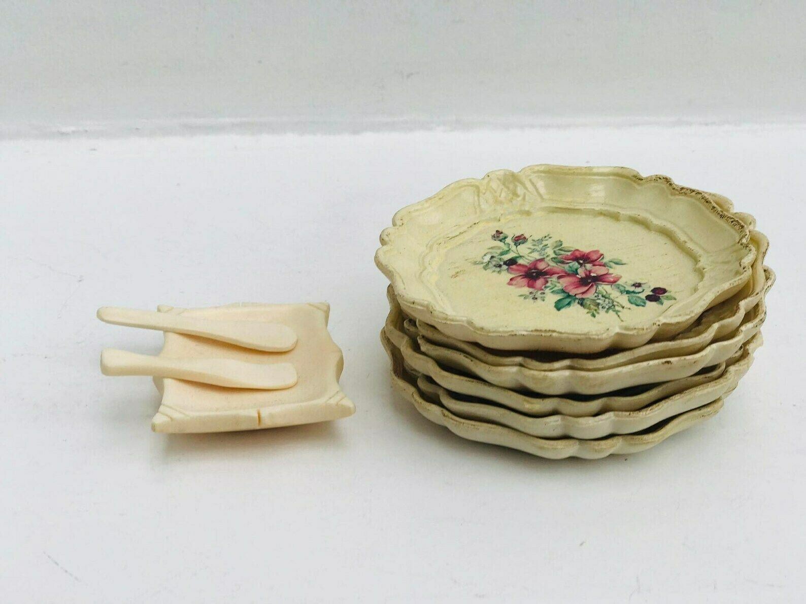 Set Of 6 Coasters Beige Cream With Flowers Resine With A Salt Cellar Made Of Bone With Spoons Bar Deco Table Decor Bar Accessories photo vintage