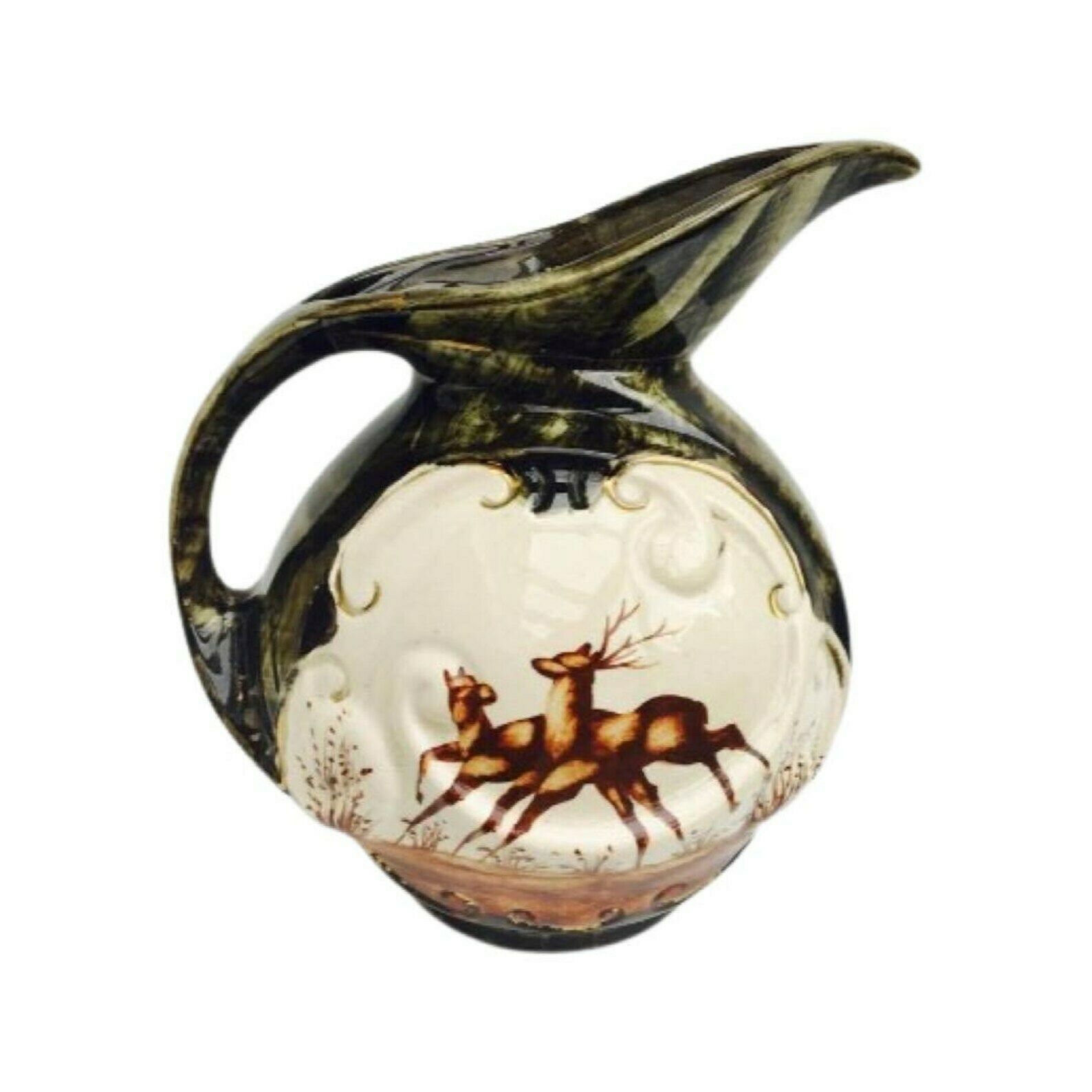 Vintage Large Ceramic Pitcher , Green Brown Glaze Gold Rim Handpainted, Flying Bird Duck Geese, Montagne H Bequet, Belgium Jug Hubert Bequet photo 113.0
