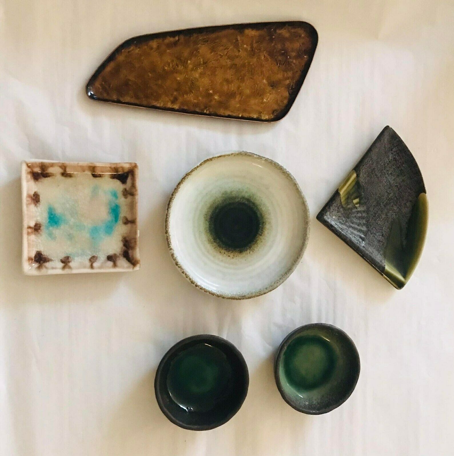 photo for sale Japanese Bowls Plates Set Serving Sauce Dish, Dinner Sashimi Plate Asian Food Dish Blue Ceramic Porcelain Fish Serving Tr