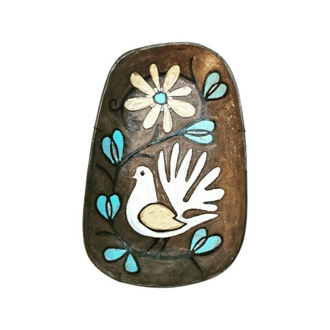 Decorative Plate Ceramic 50s Large Wall Art Decor Kitchen Bird Dove Flowers Brown Stonware Enameled Polychrome Mid Century Modern Signed