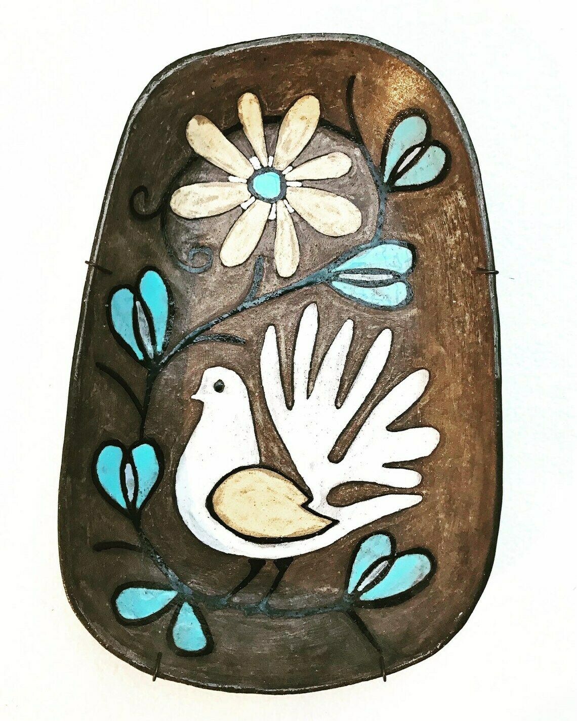 Decorative Plate Ceramic 50s Large Wall Art Decor Kitchen Bird Dove Flowers Brown Stonware Enameled Polychrome Mid Century Modern Signed photo furniture