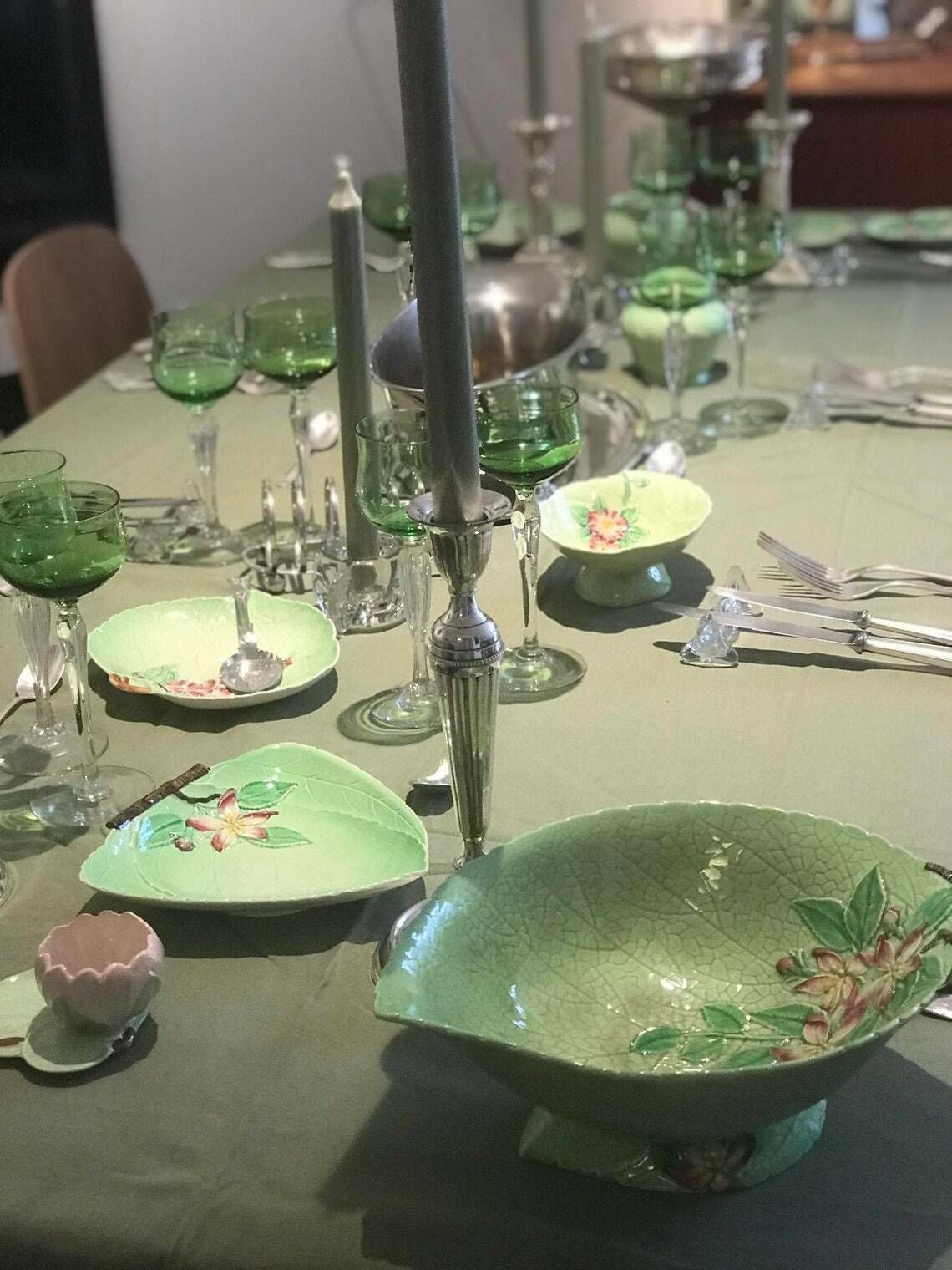 Carltonware Dishes Plate Serving Bowl Green Apple Blossom Plate 4 Pieces Green Decoration Bamboo Lotus English Collectors Antique China photo vintage