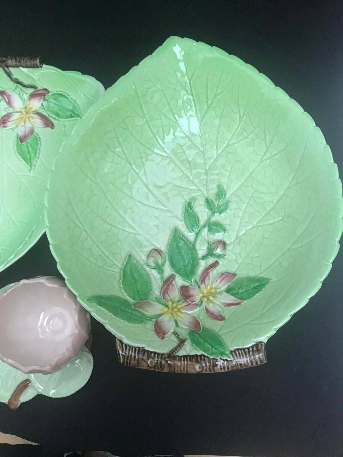 photo for sale Carltonware Dishes Plate Serving Bowl Green Apple Blossom Plate 4 Pieces Green Decoration Bamboo Lotus English Collectors Antique China