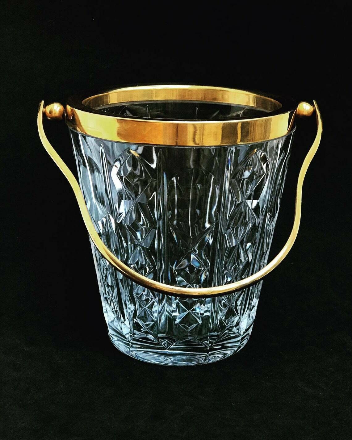 Ijsemmer Val Saint Lambert Zwaar Geslepen Kristal Met Gouden Metalen Handvatten Mid Century Barware Mixology Tools Bar Cart Hollywood Regency