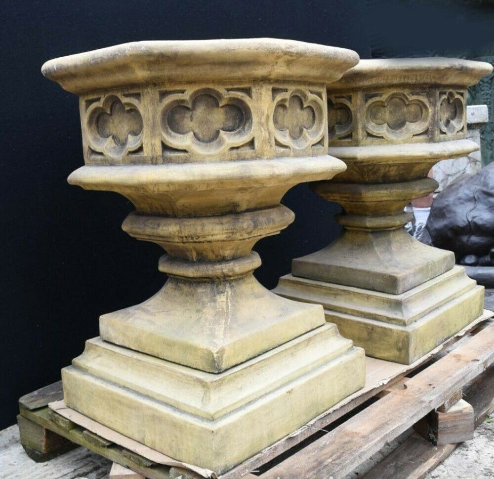 Garden Decor Gothic Stone Garden Urns   Octagonal On Pedestal Base Architectural photo