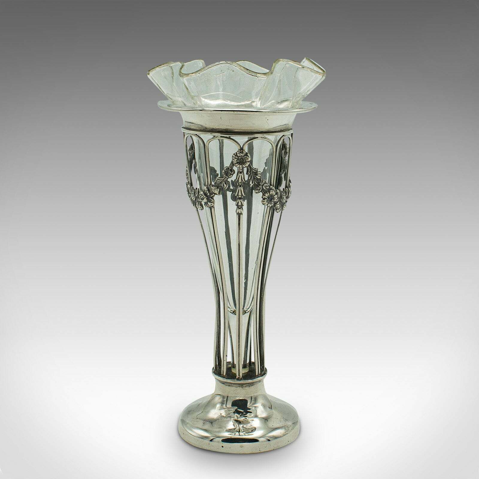 Small Antique Stem Vase, English, Silver, Glass, Decor, Art Nouveau, Edwardian photo furniture