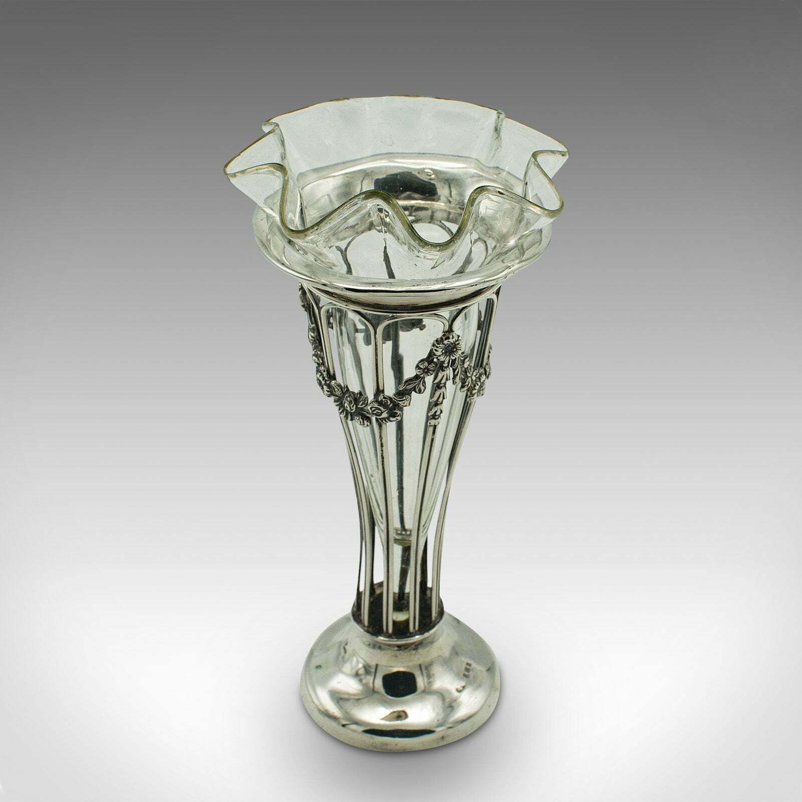 Small Antique Stem Vase, English, Silver, Glass, Decor, Art Nouveau, Edwardian photo vinterior
